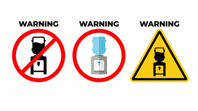 Collection of diverse warning signs featuring water coolers, illustrating prohibition, general caution, and hazard alerts for workplace safety and public health communication