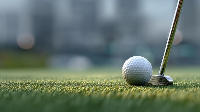 Golf ball and putter on green grass with blurred digital interface background