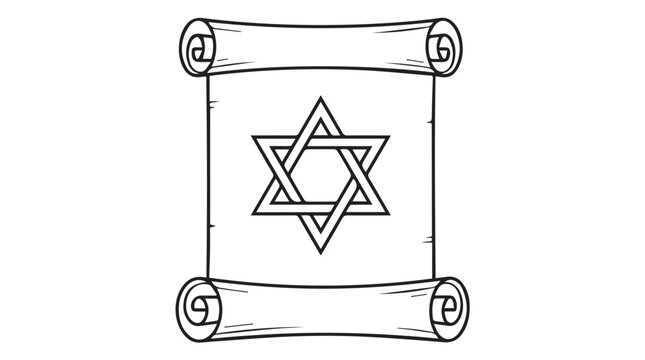Minimalist black and white line art of Star of David in scroll frame illustration