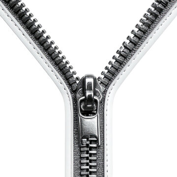 Detailed close-up of an open, silver metal zipper against black