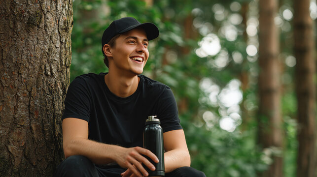 Young man relaxing in forest holding reusable stainless steel water bottle, enjoying nature, hydration and eco friendly outdoor lifestyle during hiking adventure.