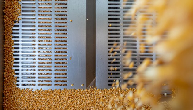 Close-up view of grain processing equipment, industrial agriculture.