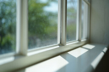 Fototapeta premium Minimalist white window sill with bright morning sun shadows for interior design copy space.