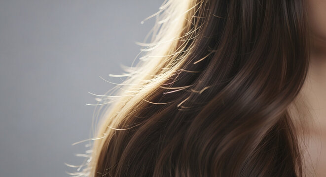 A woman with long, dark brown hair and split ends against a gray background