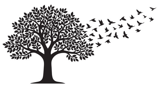 Silhouette of tree with flock of birds flying at dusk minimalist nature illustration