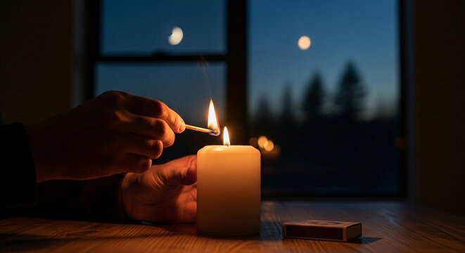 M&atilde;o acendendo vela branca com f&oacute;sforo sobre mesa de madeira &agrave; noite com janela ao fundo