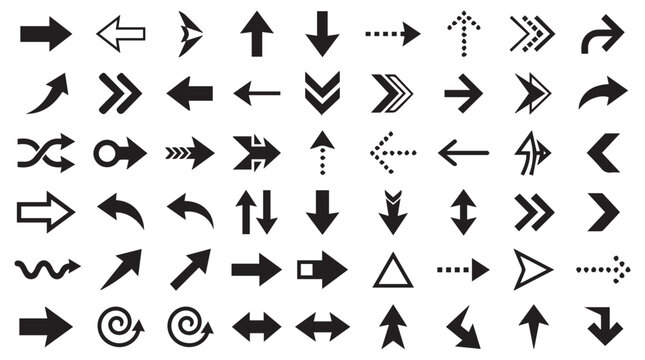 Collection of black and white directional arrows and navigation symbols on transparent background