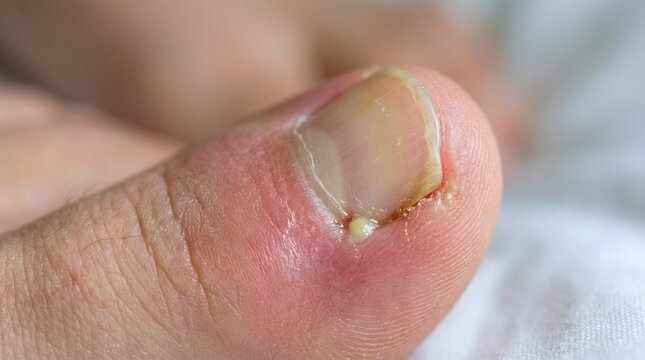Close-up of painful ingrown toenail with infection and pus discharge