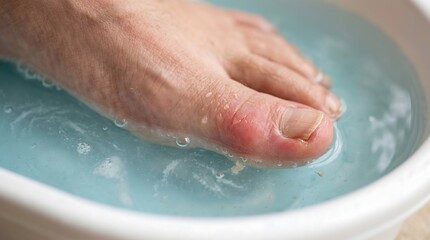 Fototapeta premium Medical Treatment of Painful Ingrown Toenail by Soaking Foot in Water