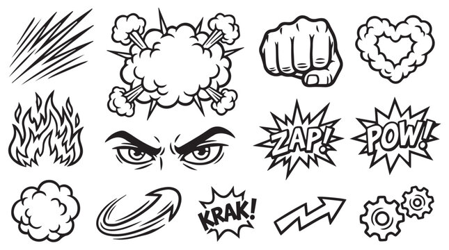 Hand drawn comic book action effects and explosion elements in black and white vector style