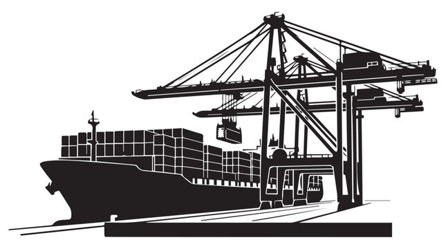 Cargo ship loading containers at industrial port with gantry cranes in black and white illustration