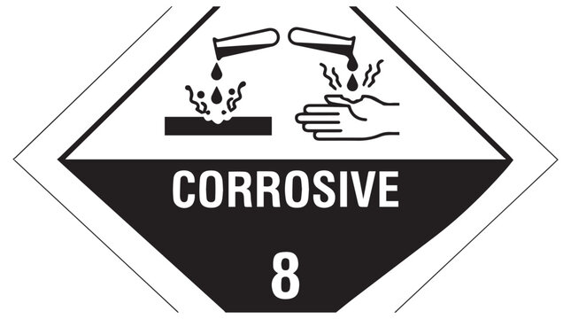 Corrosive chemical hazard warning sign with dripping test tubes and hand damage illustration