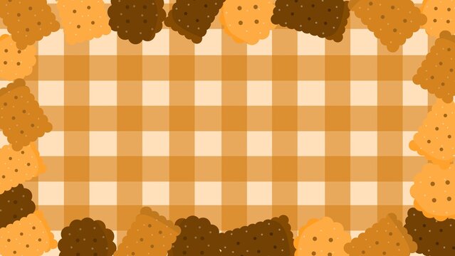 Cartoon biscuits border with gingham background. Chocolate cookies frame background. Hand drawn sweet snack border template. Square and round biscuit frame