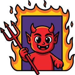 Fototapeta premium Cute Cartoon Devil with Trident and Flames 