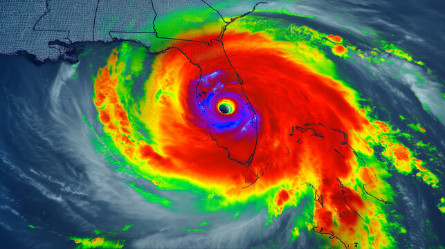 Colorized satellite image of hurricane over coastline, extreme weather radar map, tropical cyclone eye, meteorology and climate conceptweather visualization of a powerful hurricane