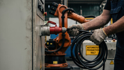 Obraz premium Worker Yanking Thick Black Power Cable Out of Socket with Robotic Arm Slumping in Background
