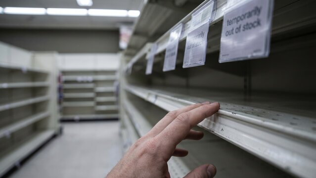 Person Reaching for Bare Supermarket Shelf with Out of Stock Signs in Blurred Background