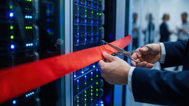 Grand Opening Ceremony for New Technology Facility with Red Ribbon Cutting at Server Rack
