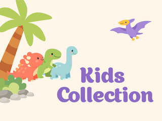 Kids collection banner with cute dinosaurs, tropical plants and playful layout in flat cartoon style for children product promotion © Тетяна Костів