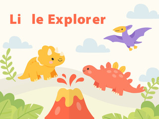 Nursery poster with cute dinosaurs, volcano, clouds and plants in flat cartoon style for kids room decor and baby wall art © Тетяна Костів