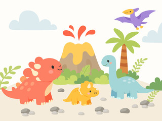 Cute dinosaur scene with triceratops, brachiosaurus, pterodactyl and volcano in flat cartoon style for kids design and nursery art © Тетяна Костів