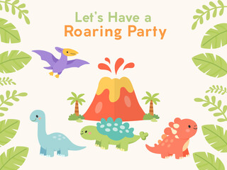 Dinosaur party invitation with volcano, cute dinosaurs and tropical leaves frame in flat cartoon style for kids celebration © Тетяна Костів