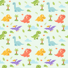 Seamless pattern with cute dinosaurs, palm trees, leaves and clouds in flat cartoon style for nursery and kids fabric design © Тетяна Костів