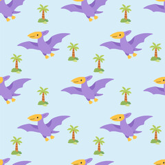Seamless pattern with cute pterodactyl dinosaurs and palm trees in flat cartoon style for kids nursery and fabric design © Тетяна Костів