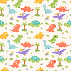 Seamless pattern with cute dinosaurs, palm trees and eggs in flat cartoon style for kids and nursery design © Тетяна Костів