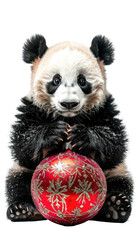 Obraz premium A cuddly panda sits holding a red Christmas ornament