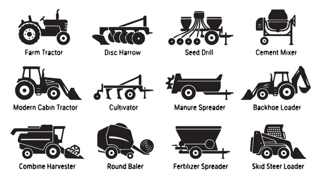 Collection of 10 Essential Farming Machinery Icons in Flat Design for Agricultural Education and Marketing