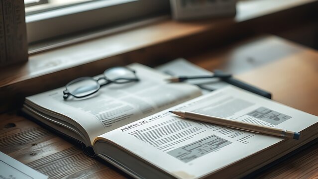 monograph. An open architecture book with spectacles and a pencil on a wooden desk in morning light. real-estate listings.