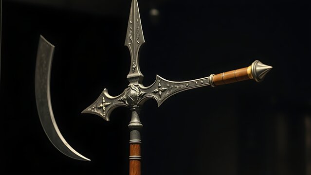 polearm. A medieval halberd with axe blade and spear point, displayed in museum lighting. event programs, museum guides, designed for cultural heritage projects and event programs.