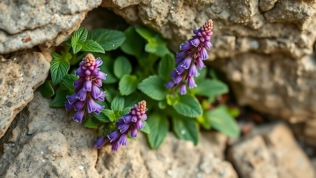 hyssop. Purple hyssop flowers growing from limestone cracks with morning dew. gardening catalogs, home-decor guides, designed for gardening and botanical catalogs.