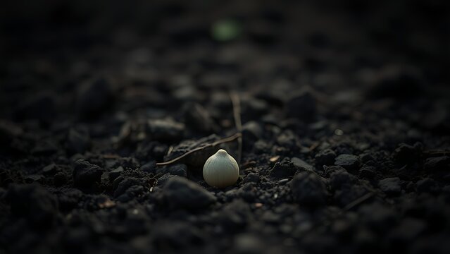 tenet. A single seed buried in dark, rich soil with subtle highlights. gardening catalogs, home-decor guides, designed for home decor and floral branding, used by operations managers.