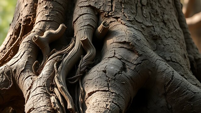 lignin. Close-up of a tree root with knotted protrusions and rough texture in a woodland. ESG reports, sustainability campaigns, designed for sustainability communications and ESG reporting.
