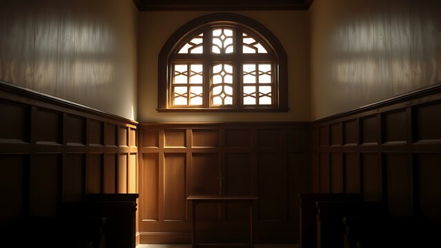 kneeler. The interior of an empty confessional booth with soft light entering through a wooden lattice. event programs, museum guides, designed for cultural heritage projects and event programs.