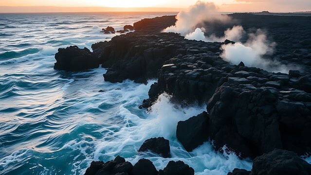 meson. Lava meeting ocean, forming black volcanic rock with rising steam at sunset. inspiring travel planning, travel magazines, designed for travel destination branding, used by nutritionists.