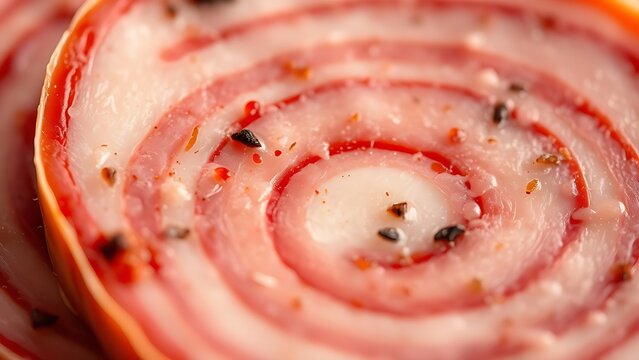yanked. Close-up of a mortadella slice showing its marbled pattern of meat and fat. menu design, packaging mockups, designed for food delivery and cloud-kitchen brand materials, used by hr managers.