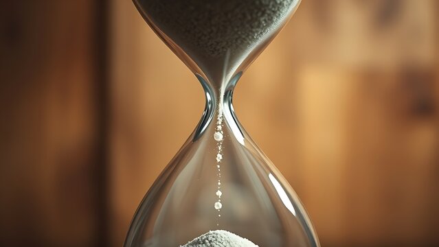 infamy. Final grain of sand falling through hourglass center, soft wooden background, dramatic lighting. wellbeing guides.