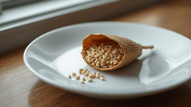 beniseed. A dried sesame pod split open on a white plate, revealing tiny seeds. gardening catalogs, home-decor guides, designed for home decor and floral branding, used by chefs.