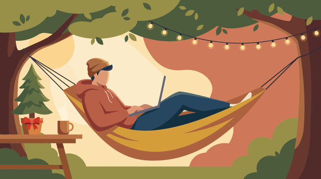 Man Working on Laptop in Hammock Under Trees with Festive Decor