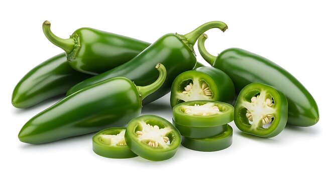 Vibrant green jalapeno peppers, some whole, some sliced, on white backdrop