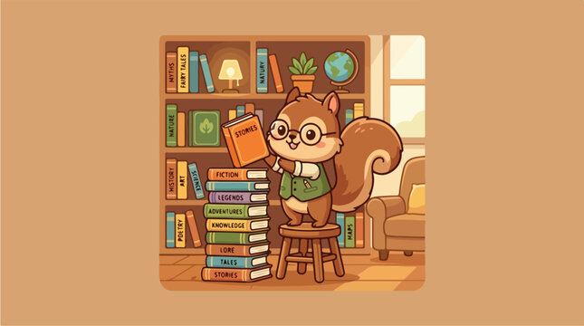 Squirrel in a library reading.