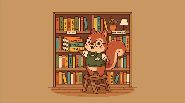 Squirrel sitting on stool reading.