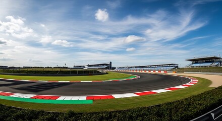 Naklejka premium Wide-angle view of a race track with grandstands under a blue, cloudy sky
