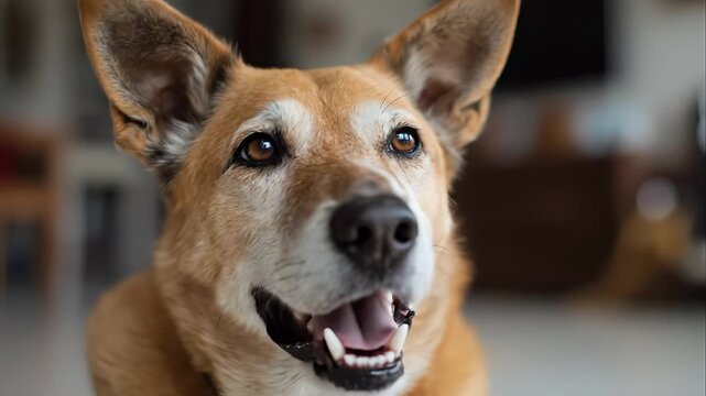 Close-up of a friendly brown dog panting with its tongue out and looking up, conveying a happy pet ownership concept and animal companionship