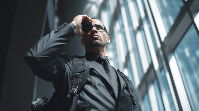 Intelligence agent on duty monitoring situation with focus and precision, representing surveillance, security operations, and covert investigation activities.