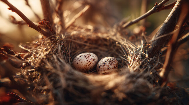 Close up of a bird nest on a tree branch holding two speckled eggs, showcasing delicate wildlife, natural habitat, and early life in a peaceful outdoor setting.
