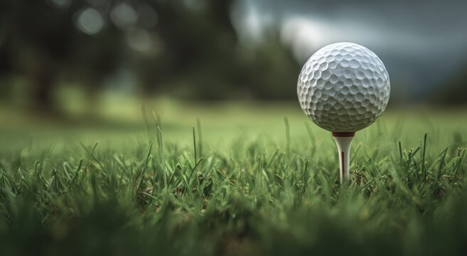 Close-up of a Golf Ball on a Tee Ready for a Swing on a Lush Green Course.